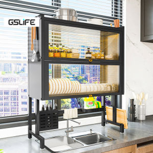 GSlife 2025 Double Layer Metal Dish Cabinet Rack Dustproof Over Sink Rack With Cabinet Door Multi-functional Plate Drying Storage Kitchen Organizer