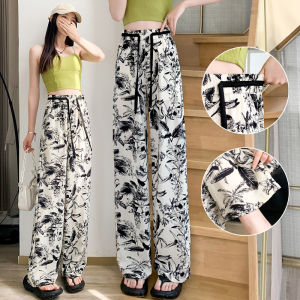 High-Waist Summer Womens Wide-Leg Pants with Watermark Printed Polyester Silk Spinning Fabric Easiest to Match Casual Style