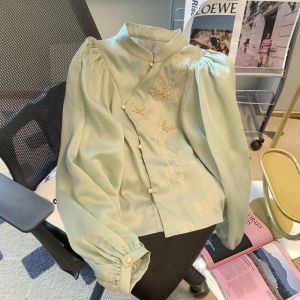 Chinese Style Embroidered Shirt Womens New Spring 2026 Floral Patterned Qipao Top Pure Color Loose Fit Commute Fashion