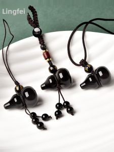 Natural Black Obsidian Gourd Pendant Crystal Jewelry Keychain Mobile Phone Chain Mens Necklace Fashionable World Style