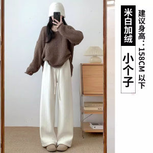 Womens High Waist Thickened Fleece Wide Leg Pants Autumn Winter New Style Straight Cut Trousers Coffee Color Mermaid Pants