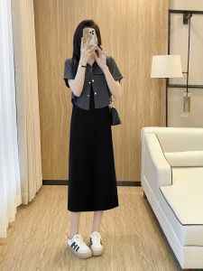 Elegant Grey Short Sleeve Shirt Jacket Black Strap Dress Two Piece Set Women Slim Summer Outfit Complete Matching Ensemble