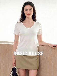 Basic House | Summer Short Sleeve V-neck Simple Matching Ribbed Straight Shoulder T-shirt