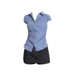 YUEZHONGWEI | Áo sơ mi nữ tay ngắn màu xanh phong cách Mỹ mùa hè 2025 mới ôm vừa vặn áo thun cổ polo thường ngày màu trơn