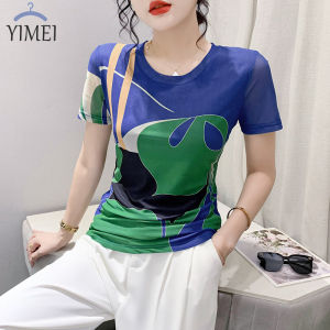 Yimei 2023 Áo thun lưới định vị mới Xuân/hè cổ tròn in họa tiết ngắn tay áo phong cách hoài cổ ôm vừa áo thời trang