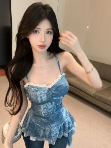 GUZILIAN | เสื้อกั๊กผ้าลูกไม้เซ็กซี่สไตล์ฤดูร้อนสำหรับผู้หญิง แขนกุด คอวี ทรงเข้ารูป ความยาวปานกลาง เสื้อผ้าทำงานสไตล์ทันสมัย ​​Guzhilian