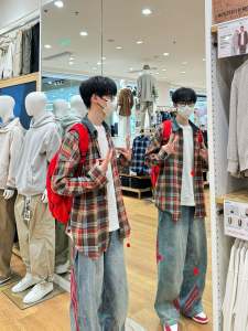 A XINGX Original Autumn Youth Sense Neutral Gingham Shirt Patchwork Loose-Fitting Coat Top Trendy Stylish