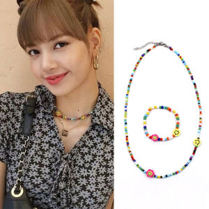 Lisa Park Caiying Jennys Same Type of DOPA Smiley Face Color Beaded Clavicle Necklace Korean Dongdaemun Jewelry