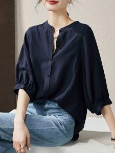 YAOMUHUA | French Elegant Stand Collar Loose Slimming Blouse 7/8 Sleeve