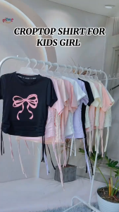 Cute Pastel Ribbon Printed Design Crop Top Ruched Side String Coquette Trendy Blouse Shirt for 5-12Y Kids Girls