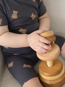 Uubabe Kids Summer Sleepwear Thin Home Clothes Set Bear Air Conditioning Suit Boys Girls Cotton Moisture Wicking Breathable