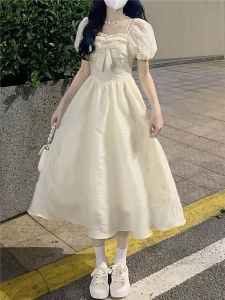 Cute Butterfly Knot Bubble Sleeve Long Princess Dress Women Summer New Design A-Line Skirt High Waist Short Sleeve Maxi Dress