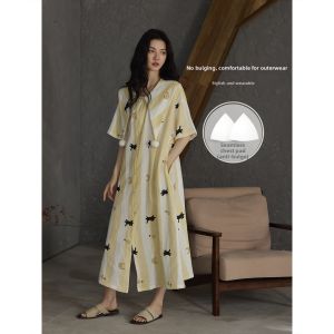 Summer Cotton Voile Long Dress Sleepwear With Chest Pads Cooling Comfortable