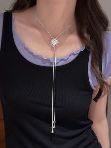 Luxurious French Silver Sparkler Tassel Long Necklace Womens Adjustable Drawstring Clavicle Chain Fashion Jewelry Accessory