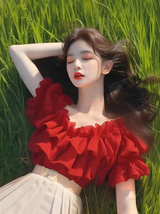 Red Chiffon Shirt Womens Short Sleeve Unique Beautiful Fairy-like One-Shoulder Top Unique Elegant Summer New Arrival