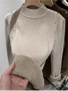Fleece-lined Thickened Single-Layer Fleece-Lined Mock Neck Sweater Female 2024 Winter New Arrival Sunken Stripe Knitwear Inner Bottoming Top
