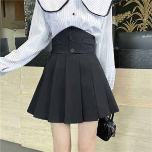High Waist A-Line Mini Skirt with Inner Lining Black Suiting Fabric Gathered Waist Autumn Style Polyester Polyester Blend