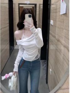 CHANGTONG | Faux-layered Off-shoulder Long Sleeve Slim Fit Womens T-shirt