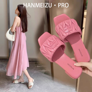 Leather Version Amiu Summer Outdoor Slippers Womens Foldable Flat Bottom Square Head Holiday Sandals Korean Style Slip-On