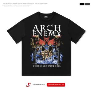 เสื้อยืดแขนสั้นพิมพ์ลายโลหะร็อค Arch Enemy Oversize Drop Shoulder เสื้อยืดคอกลมทรงหลวมสำหรับผู้ชาย สไตล์ยูนิเซ็กซ์