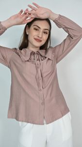 QUEENTIN Kemeja Wanita Tali 0165 Linen Polo Polos Lengan Karet Panjang