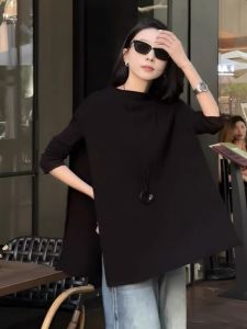 Black Knitted Cowl Neck Sleeveless Top Womens Loose Outerwear Design Spring Autumn New Arrival Fashion Commute Style