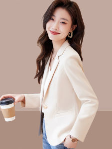 เสื้อสูทสั้นสีเบจสำหรับผู้หญิง ทรงเข้ารูป แขนยาว ปกเสื้อสูท สไตล์ฤดูใบไม้ผลิและฤดูใบไม้ร่วง แฟชั่นสตรีท ลำลอง เสื้อผ้าทำงาน