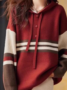 Retro Hooded Striped Knit Sweater Womens Autumn Winter Loose Fashion Slimming Outerwear Comfortable Korean Style Long Sleeve