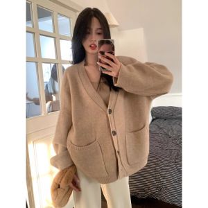 Preppy Style Niche Style Soft Glutinous Retro Gray Sweater Cardigan Coat Female Autumn and Winter Loose and Lazy Style Casual Easiest for Match