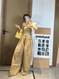 VKSOD | Loose Plaid Crop Top And High Waist Drawstring Casual Pants Womens Set Summer New Style Korean Lazy Style Fashionable Outfit