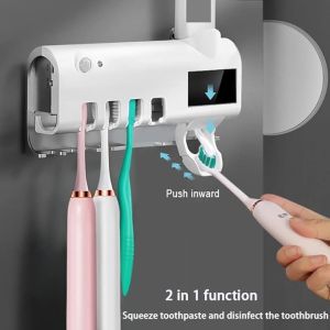White & Black Automatic Toothpaste Dispenser & Toothbrush Holder USB Rechargeable Wall-Mounted Bathroom Organizer No Drill