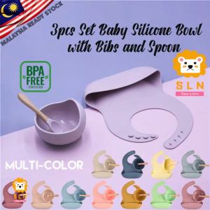 [COD]3Pcs Set Baby Silicone Food Grade Feeding Suction Bowl Silicone Bibs Spoon for Kids Toddlers Self Learning Baby Silicone Food Grade Set