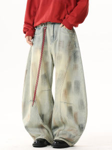 กางเกงยีนส์ทรงหลวมชายสไตล์อเมริกัน High Street Vintage Washed Wide Leg Spring Autumn Trendy Brand Vibe Deconstructed Dirty Water Wash