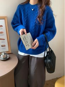 Thickened Knitted Sweater Womens Winter Outerwear round Neck Twist Blue Klein Sweater Commute Style Regular Length Overhead