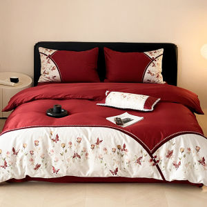 Retro Embroider 100 Long-Staple Cotton Wedding Four-Piece Set Print Pure Cotton Quilt Cover Red Bed Sheets 1.8 Bedding