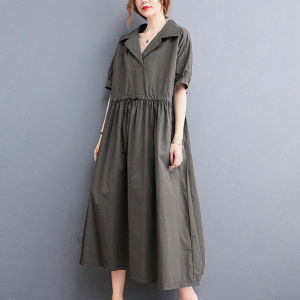 Korean Style Inclusive Sizing Flax Linen Long Dress Short-Sleeved Waist-Defining Flared