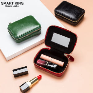 Smart King Small Genuine Leather Lipstick Bag with Mirror Cowhide Cosmetic Coin Purse Pocket Women Fashion Short Zippper Wallet