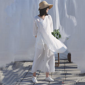 ชุดโยคะผ้าลินินคอตตอน ชุดโยคะแบบยาวปานกลาง ชุดโยคะสไตล์ฮันฟู่ ชุดโยคะสำหรับผู้หญิง ชุดโยคะสไตล์จีนโบราณ