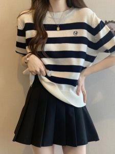 plus Size Womens Loose Short Sleeve Knitwear Summer Slimming Striped Base Shirt Korean Style Comfortable Breathable Casual Top