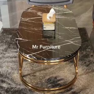 Meja Tamu Oval Top Marmer Hitam Kaki Stainles Gold