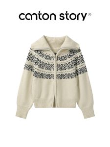 Cantonstory | Áo Cardigan Len Beige Vintage Fair Isle Ngắn cho Phụ Nữ Mùa Đông