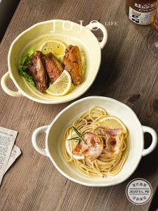 ชามซุปเซ็ตเครื่องครัวเซรามิกสไตล์ญี่ปุ่น JOJOS L. PD.Sun ชามข้าวหมูสุกแบบมีหูคู่ ชามข้าวหมูสุกแบบเงาอ่อน