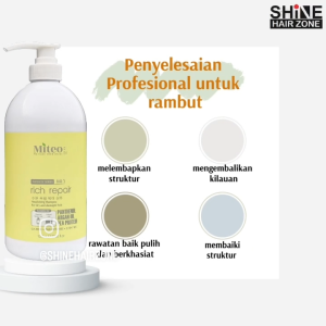 Miteo Infinity Series M1 Rich Repair Shampoo 1000ml penyelesaian profesional untuk rambut kering rosak teruk dan berwarna yang memerlukan pemulihan serta kelembapan intensif