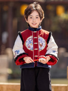 Red Childrens Cheongsam Winter Clothes New Year Celebration Boys Birthday Suit Festive Baby Outfit Cotton Blend Fabric