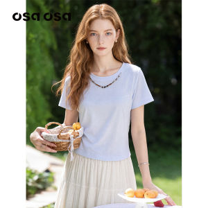 OSA | Cotton Linen Blend T-Shirt Embellished Round Neck Waist Cinching