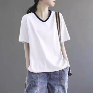 Womens Cotton V-neck Short Sleeve T-shirt Summer New Loose plus Size Slimming Belly Covering Color Block Design Unique Top