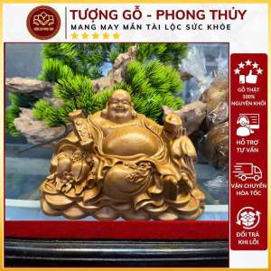 tượng Di Lặc ngồi quả đào hạnh phúc an nhàn vui vẻ trường thọ may mắn tài lộc gỗ bách kích thước ngang 15-11-11cm