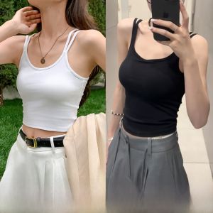 เสื้อกั๊กสายเดี่ยวสีขาวสำหรับผู้หญิงในช่วงฤดูร้อน ใส่ด้านนอกได้พร้อมแผ่นเสริมหน้าอก ชุดชั้นในแบบมีโครง ชุดโยคะ เสื้อผ้าทำงานแบบสวมหัว