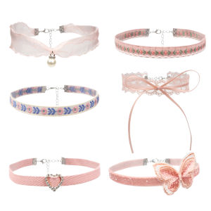 Pink Ribbon Bows Necklace Female Pure Desire Style Lace Clavicle Chain Elegant Fancy Collar Female Neck Accessories