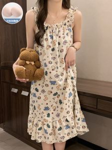 Pure Cotton Summer Nightgown with Chest Pad Thin Sleeveless Home Clothes Sweet Style Print Square Collar Mid-Length Dress